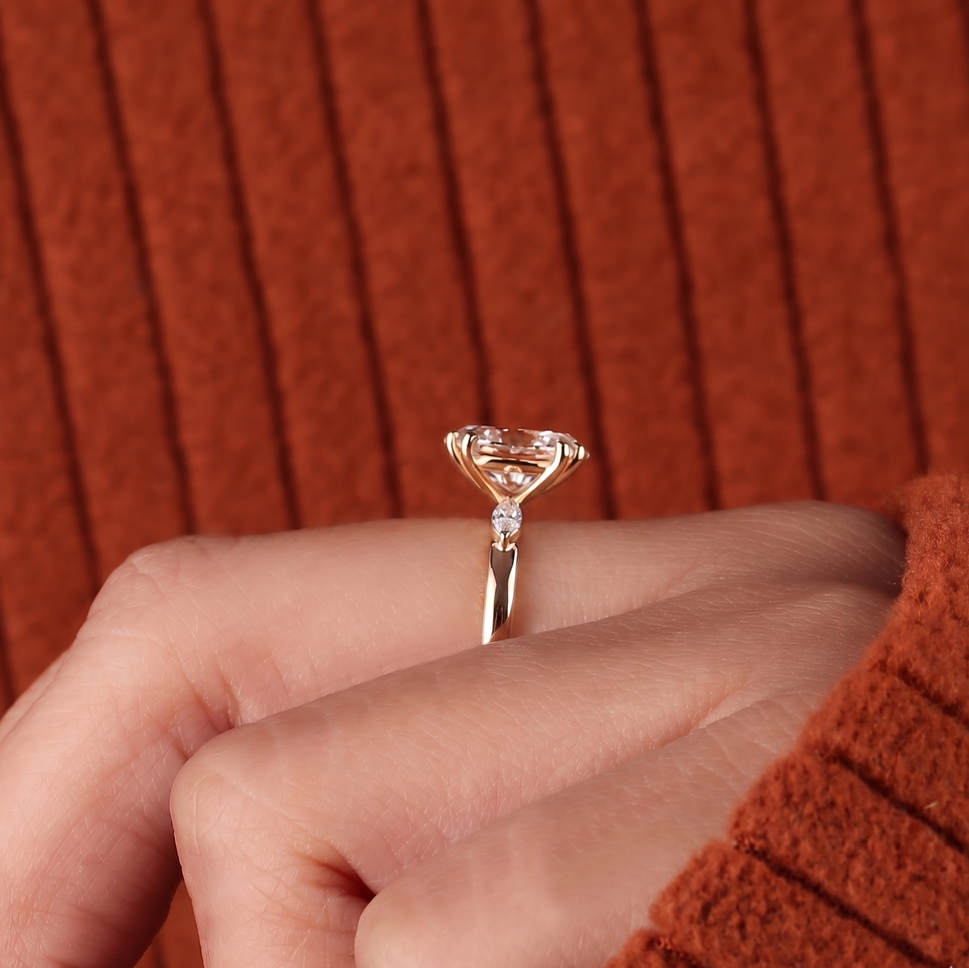3 Ct Oval And Marquise Cut Lab Grown Diamond Engagement Ring, Side Marquise Diamonds Wedding 5 Stone Anniversary Ring