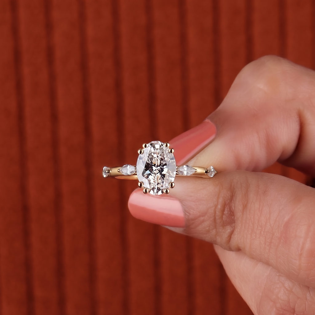 3 Ct Oval And Marquise Cut Lab Grown Diamond Engagement Ring, Side Marquise Diamonds Wedding 5 Stone Anniversary Ring