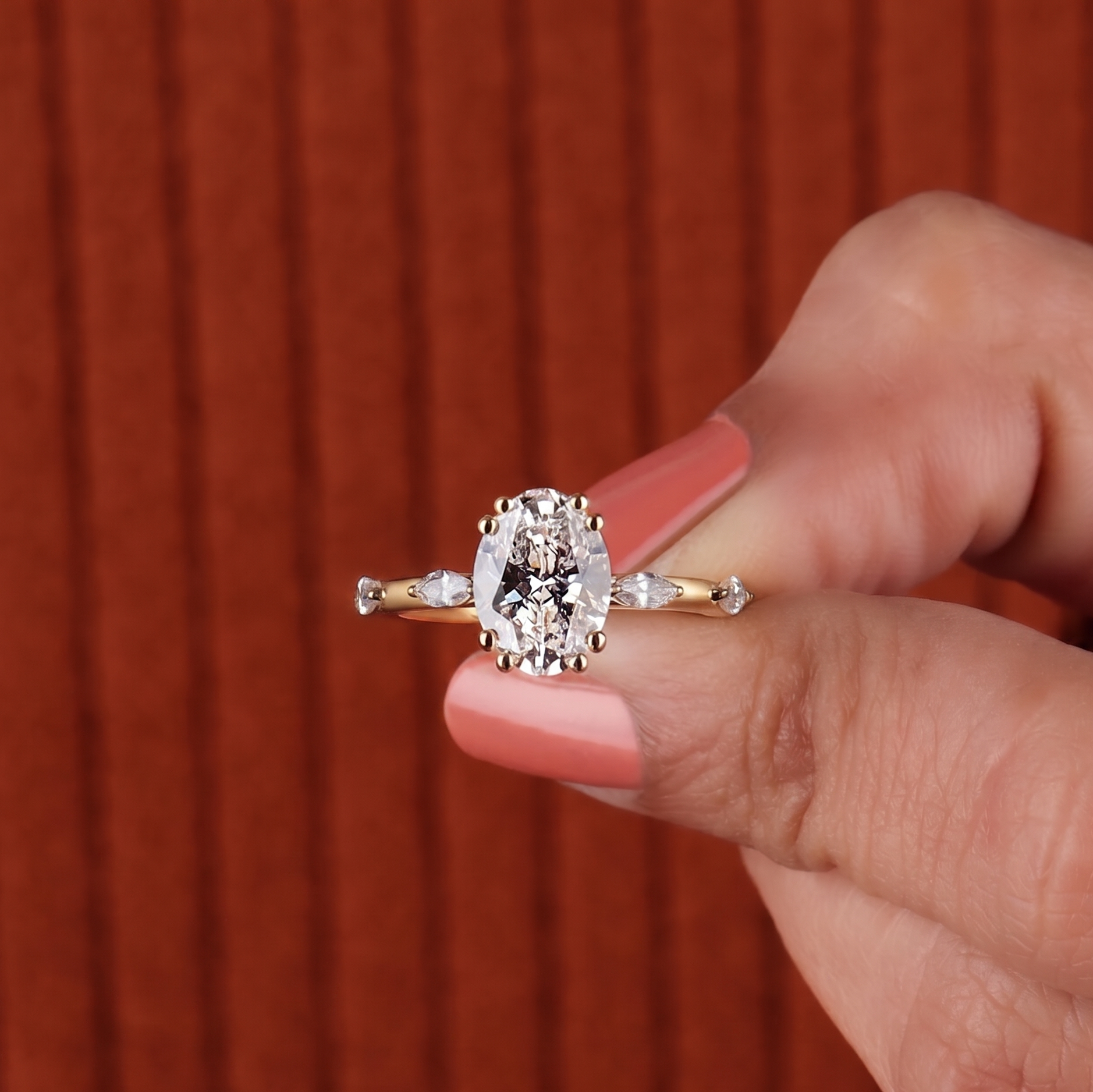 3 Ct Oval And Marquise Cut Lab Grown Diamond Engagement Ring, Side Marquise Diamonds Wedding 5 Stone Anniversary Ring