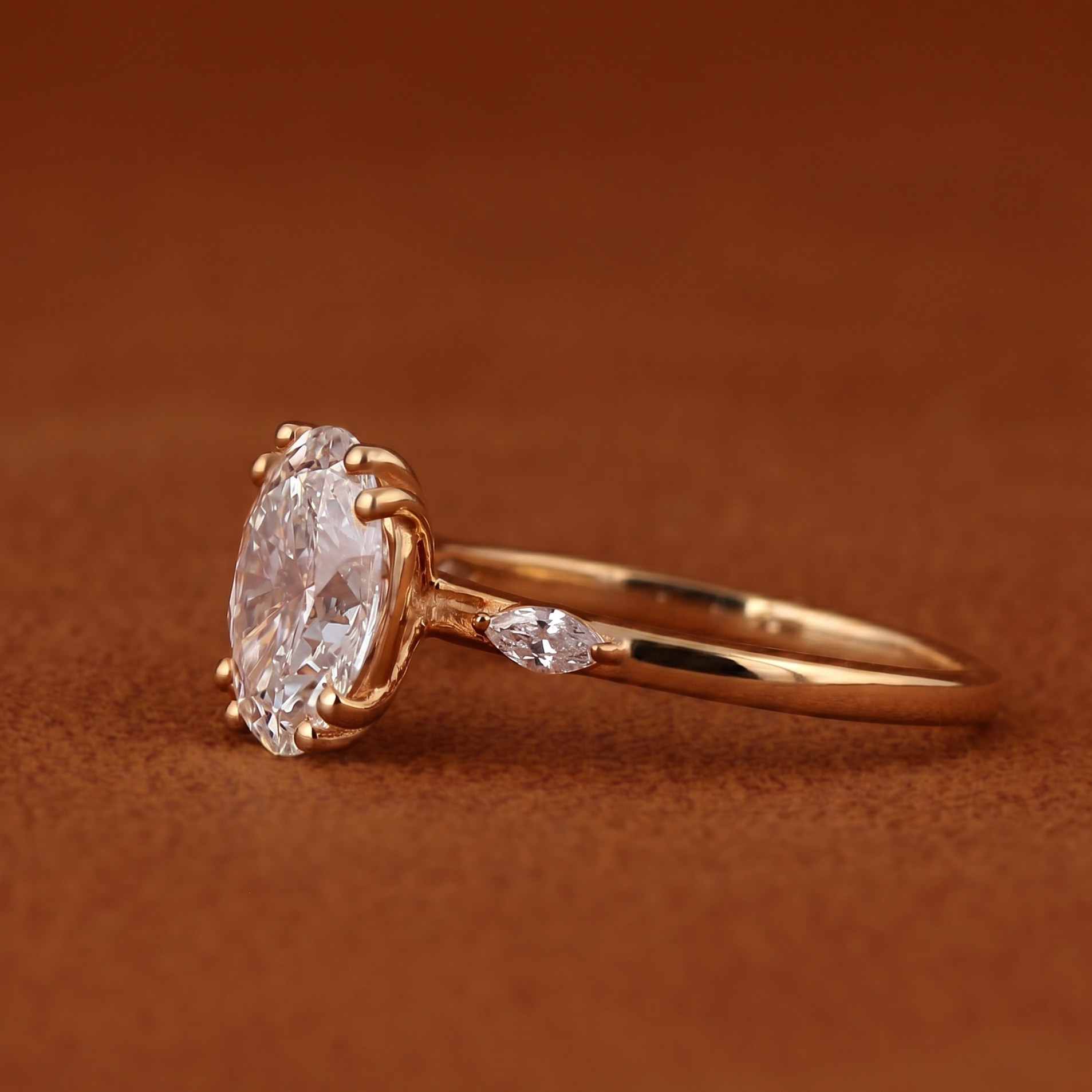3 Ct Oval And Marquise Cut Lab Grown Diamond Engagement Ring, Side Marquise Diamonds Wedding 5 Stone Anniversary Ring