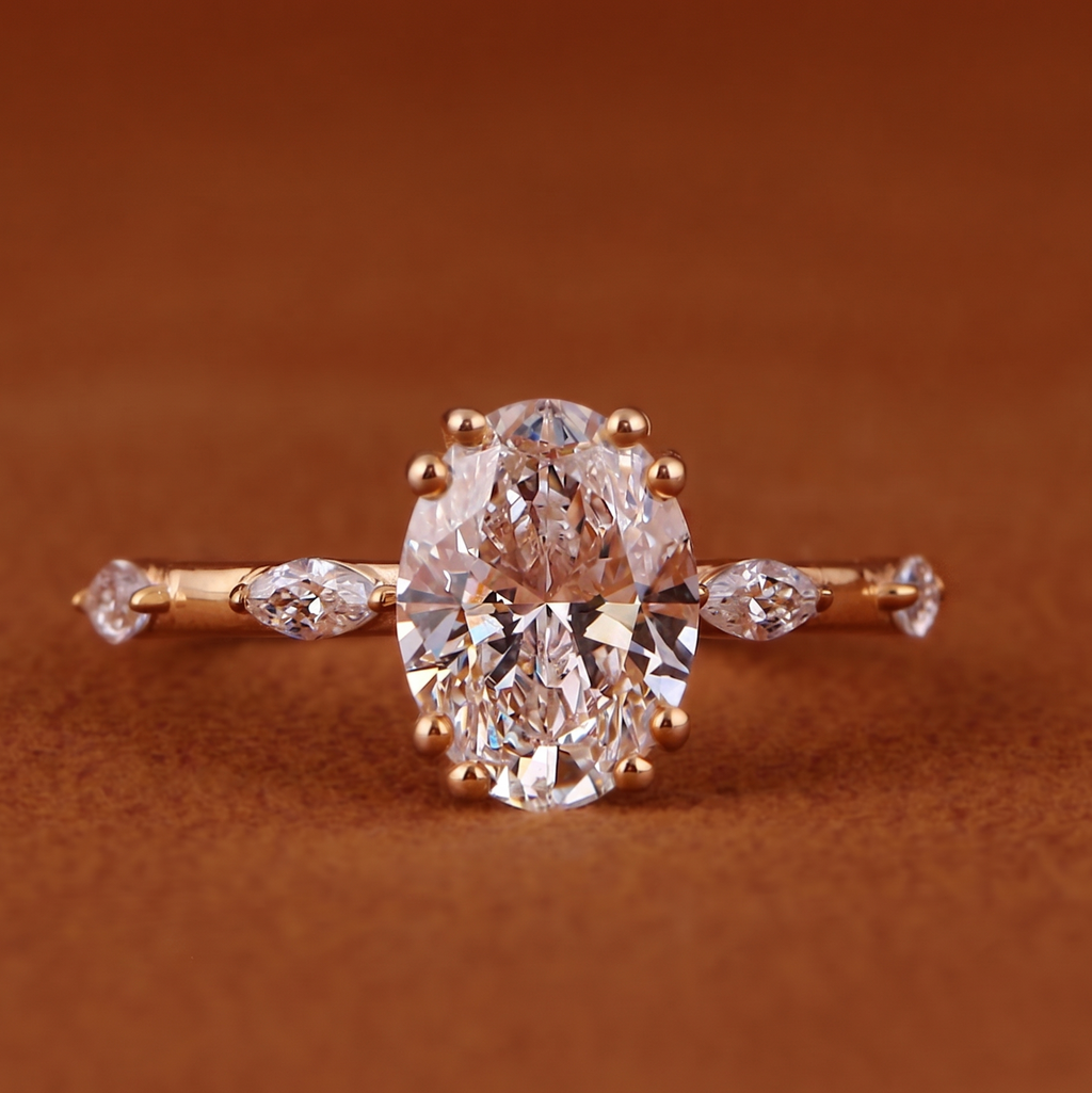 3 Ct Oval And Marquise Cut Lab Grown Diamond Engagement Ring, Side Marquise Diamonds Wedding 5 Stone Anniversary Ring