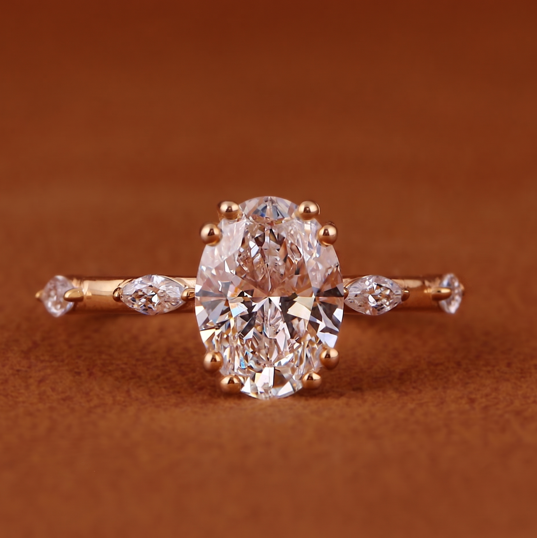 3 Ct Oval And Marquise Cut Lab Grown Diamond Engagement Ring, Side Marquise Diamonds Wedding 5 Stone Anniversary Ring