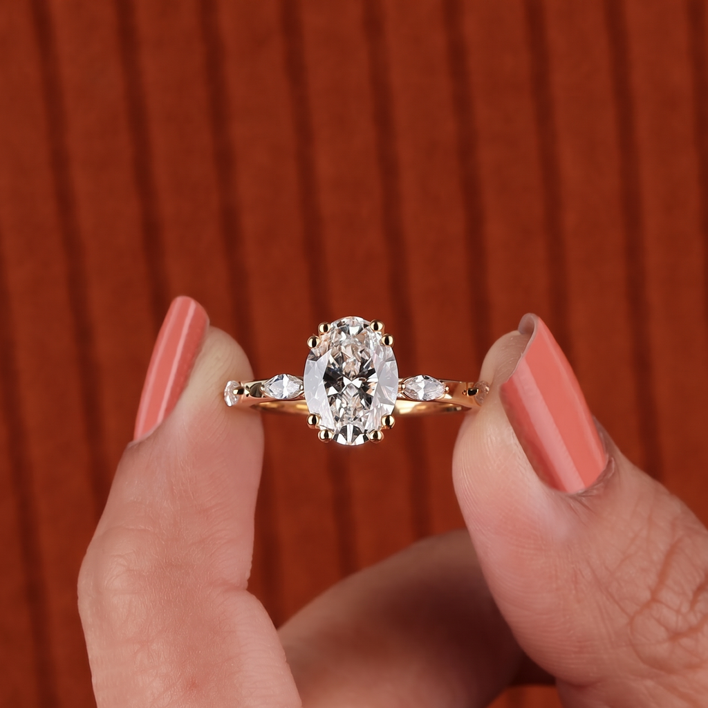 3 Ct Oval And Marquise Cut Lab Grown Diamond Engagement Ring, Side Marquise Diamonds Wedding 5 Stone Anniversary Ring
