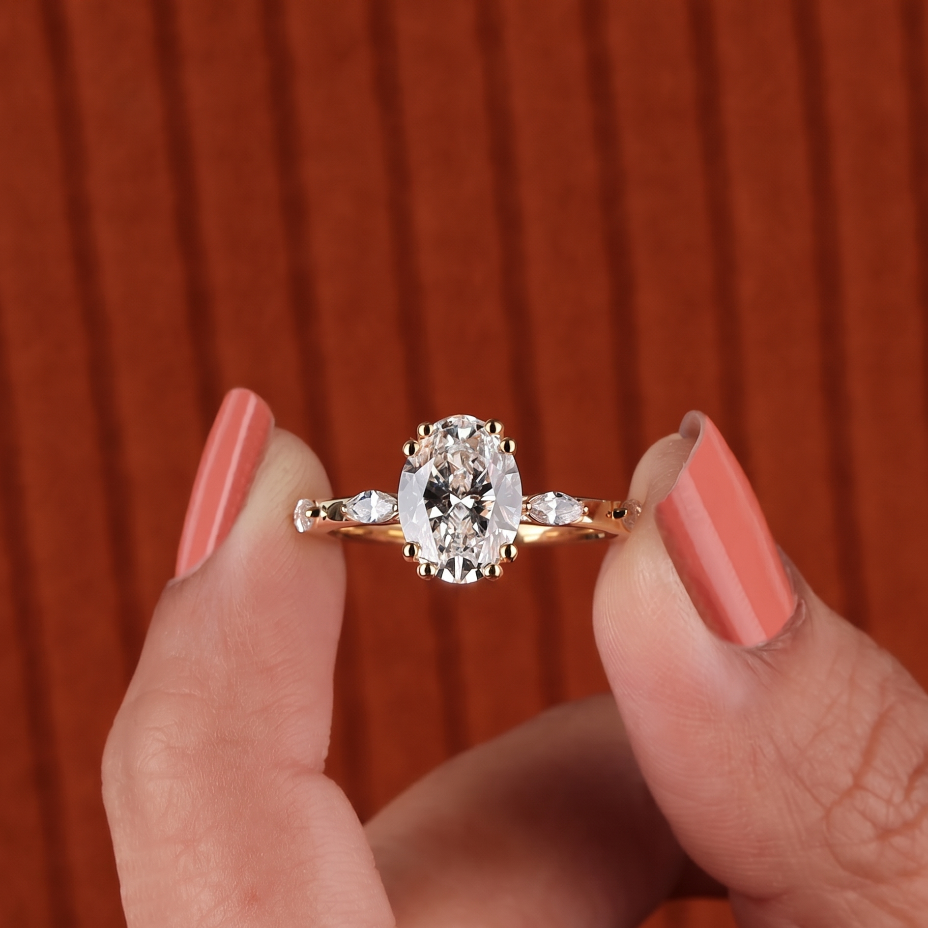 3 Ct Oval And Marquise Cut Lab Grown Diamond Engagement Ring, Side Marquise Diamonds Wedding 5 Stone Anniversary Ring