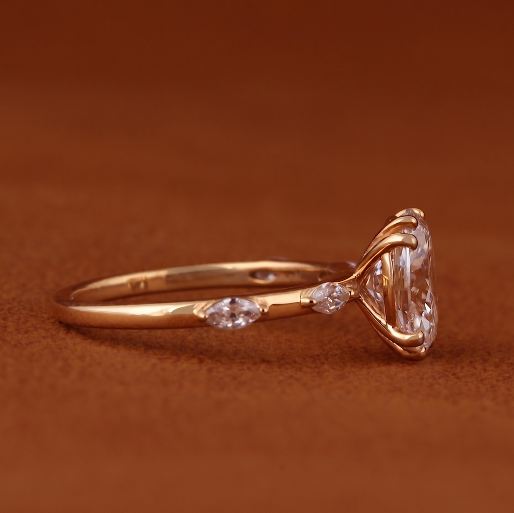 3 Ct Oval And Marquise Cut Lab Grown Diamond Engagement Ring, Side Marquise Diamonds Wedding 5 Stone Anniversary Ring