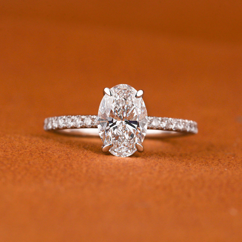1.5 CTW Oval Lab Grown Diamond Engagement Ring: Solid Gold Pave Band