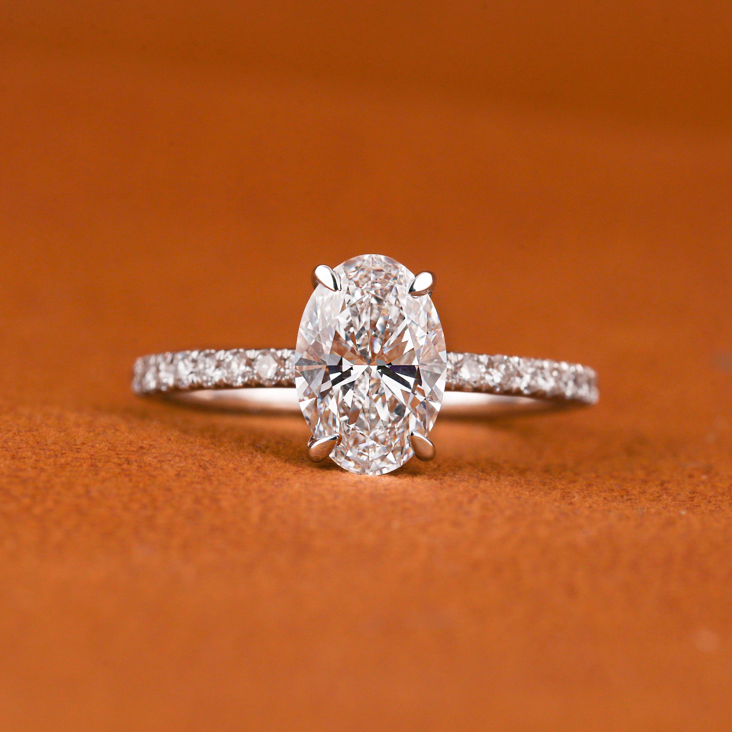 1.5 CTW Oval Lab Grown Diamond Engagement Ring: Solid Gold Pave Band