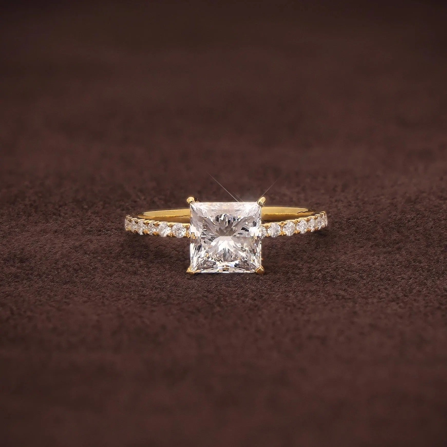 Princess Cut Lab Grown Diamond Engagement Ring, Solid Gold Solitaire Ring, Pave Band Jeweler