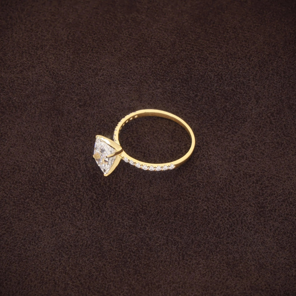 Princess Cut Lab Grown Diamond Engagement Ring, Solid Gold Solitaire Ring, Pave Band Jeweler