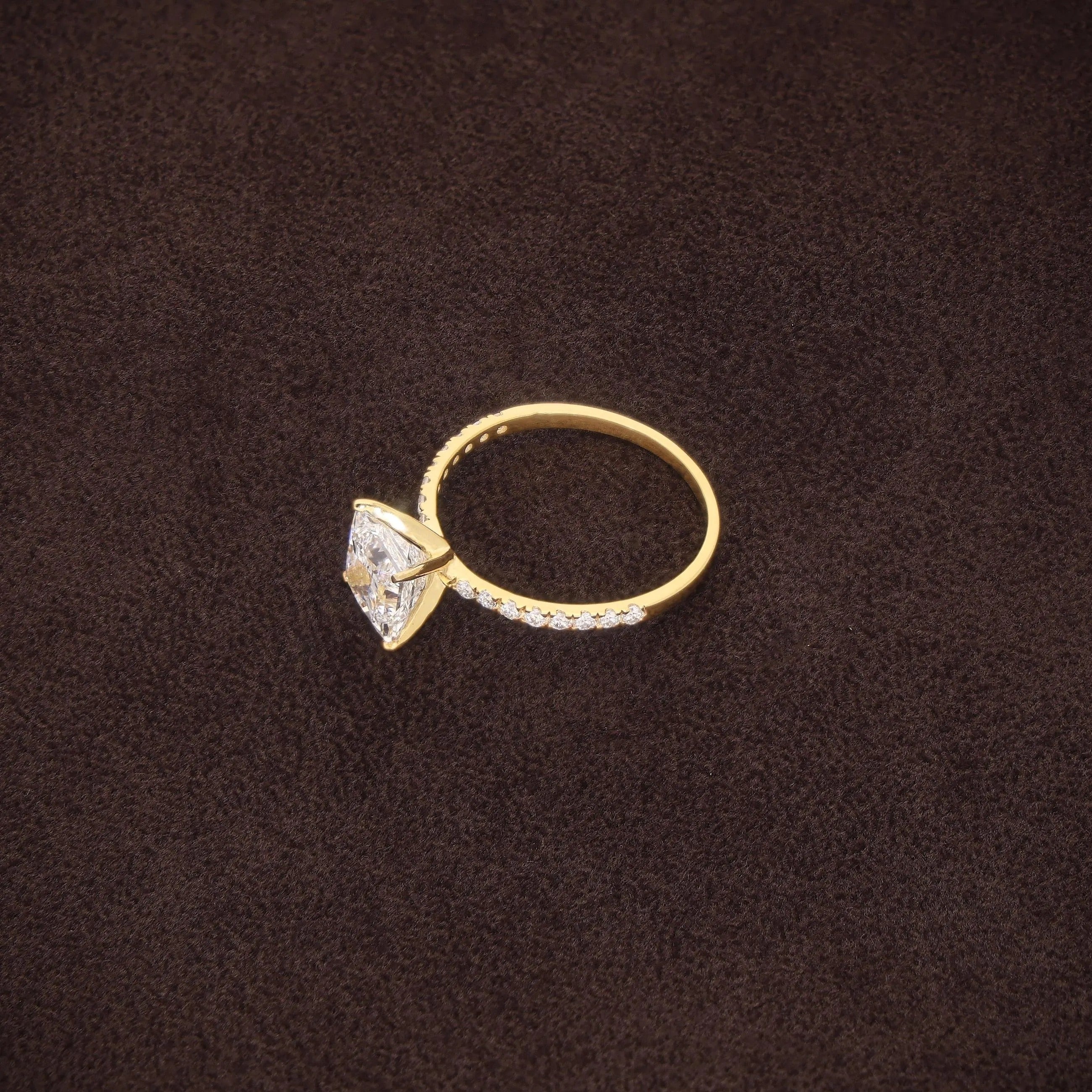 Princess Cut Lab Grown Diamond Engagement Ring, Solid Gold Solitaire Ring, Pave Band Jeweler