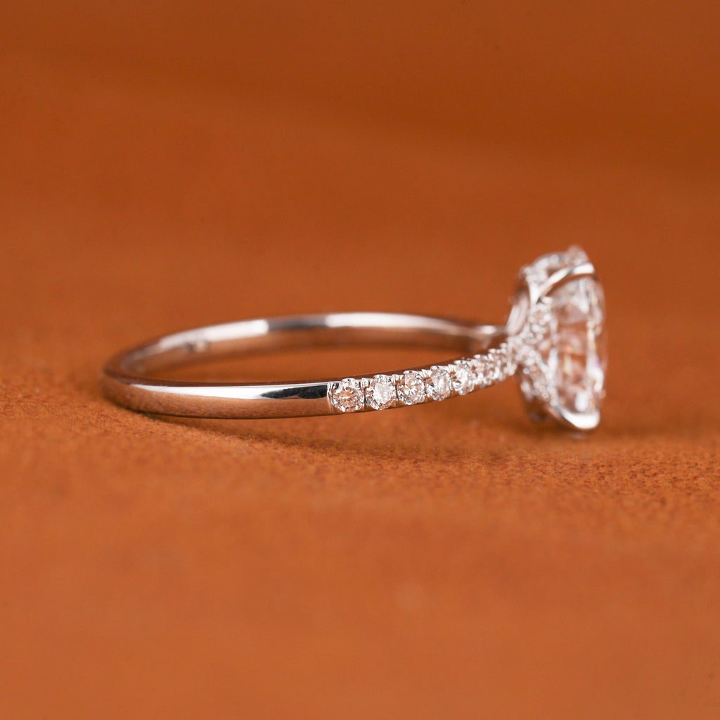 1.5 CTW Oval Lab Grown Diamond Engagement Ring: Solid Gold Pave Band