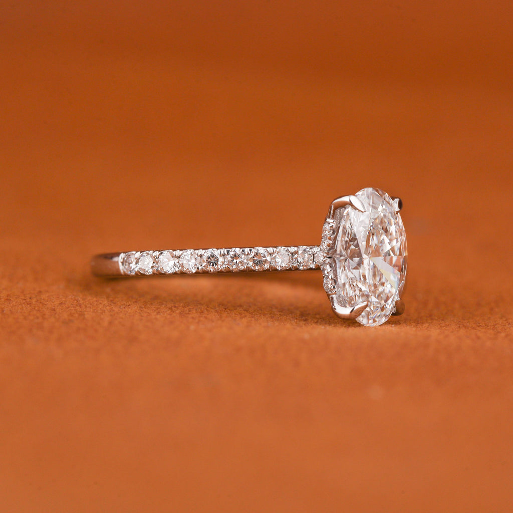 1.5 CTW Oval Lab Grown Diamond Engagement Ring: Solid Gold Pave Band
