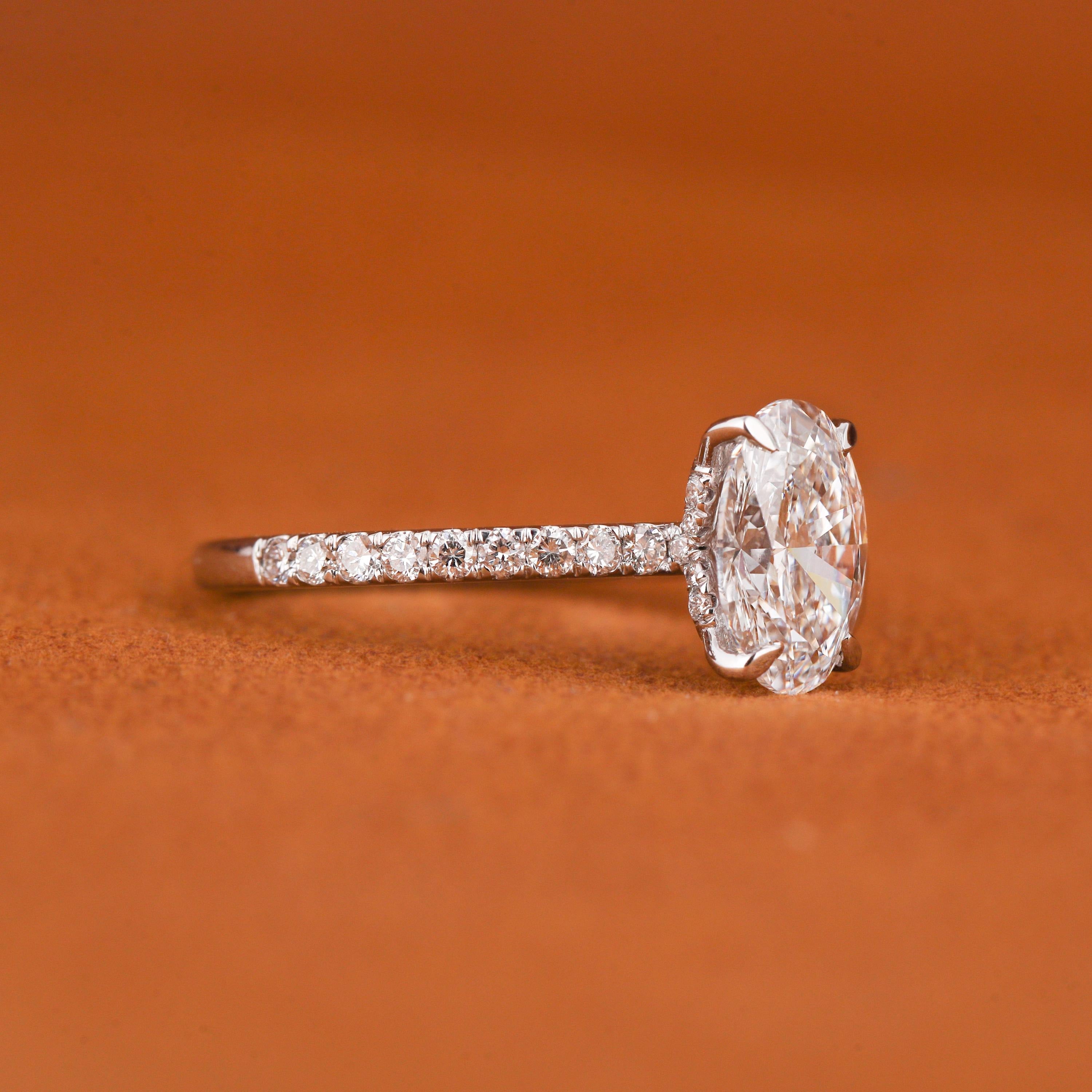 1.5 CTW Oval Lab Grown Diamond Engagement Ring: Solid Gold Pave Band