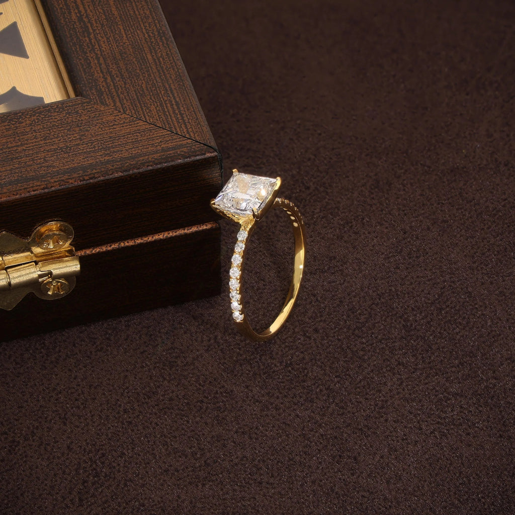 Princess Cut Lab Grown Diamond Engagement Ring, Solid Gold Solitaire Ring, Pave Band Jeweler