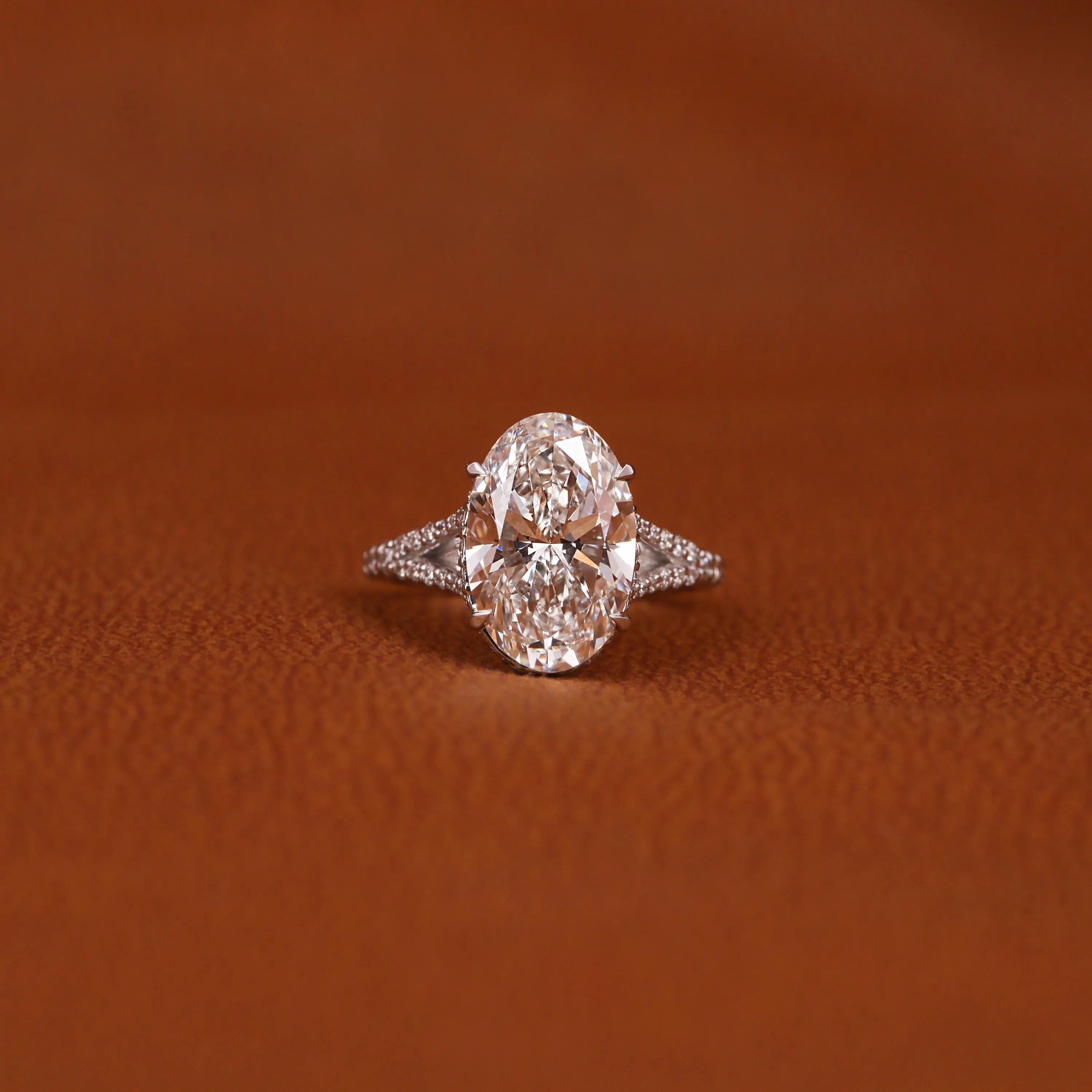 Certified Lab Grown Oval Diamond Engagement Ring: Split Shank Pave Band
