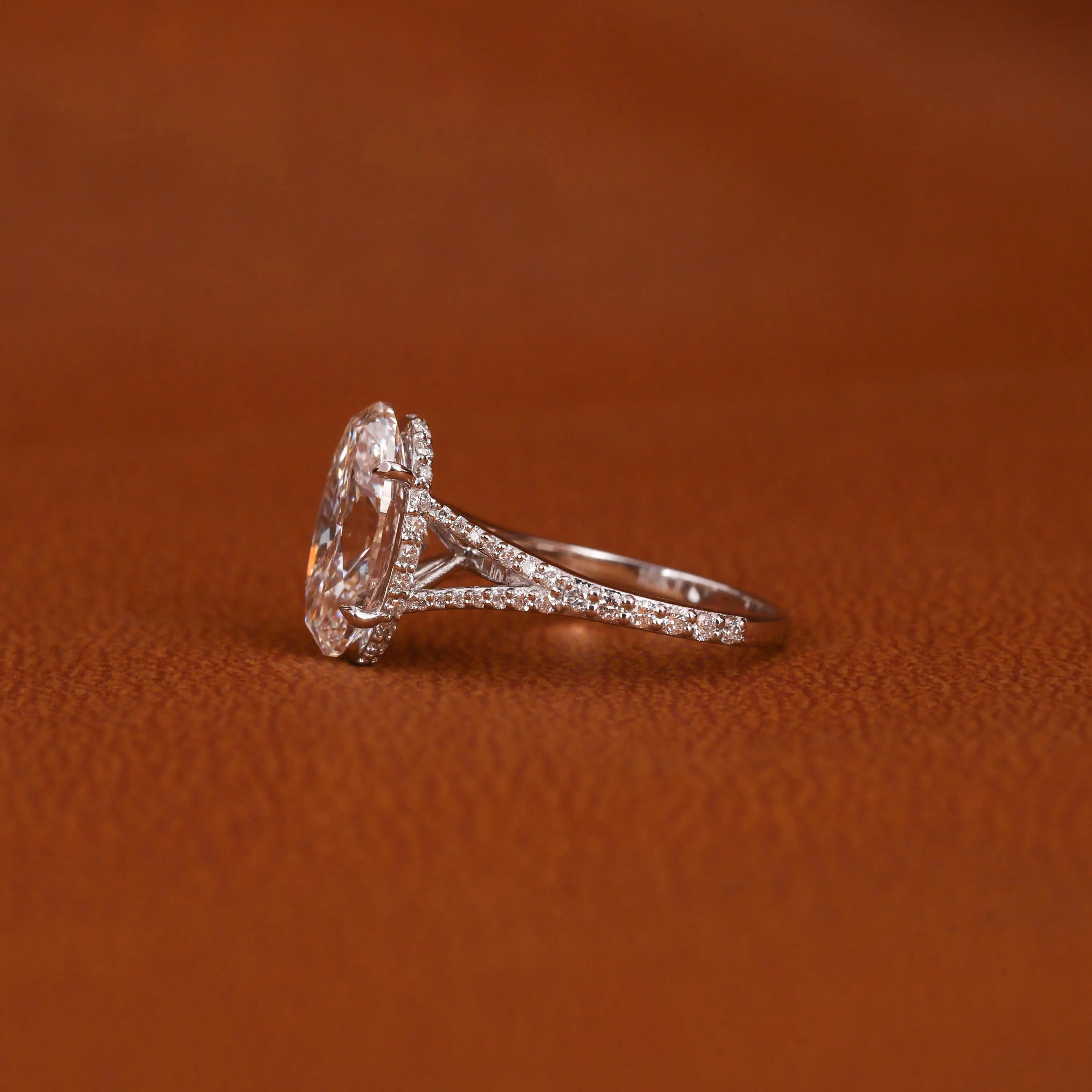Certified Lab Grown Oval Diamond Engagement Ring: Split Shank Pave Band