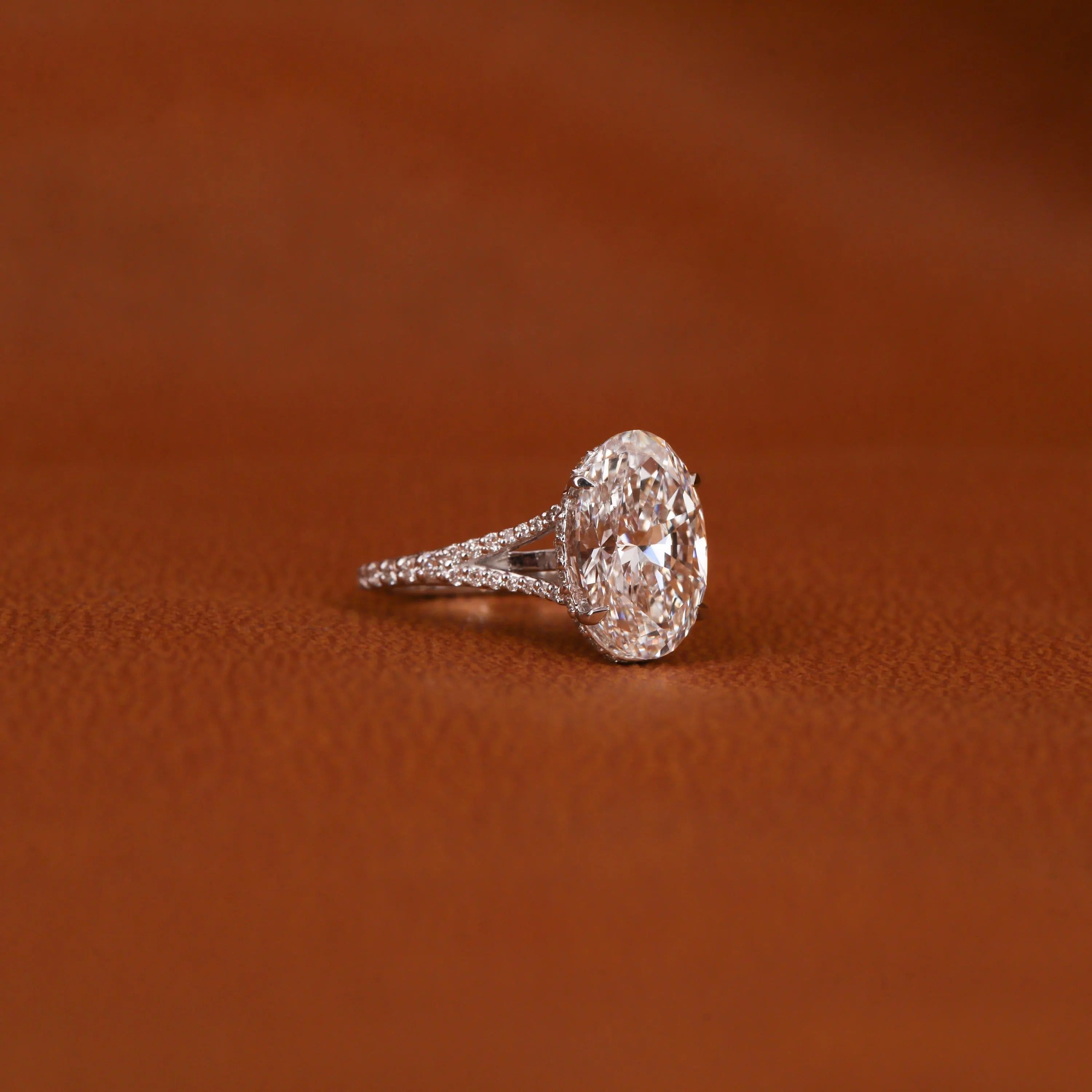 Certified Lab Grown Oval Diamond Engagement Ring: Split Shank Pave Band