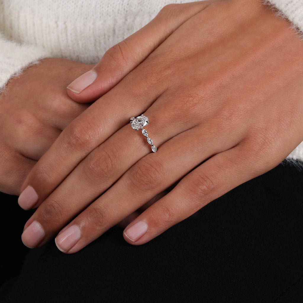 2.50 Carat Oval Certified  Lab Grown Diamond Engagement Side Stones Marquise Ring