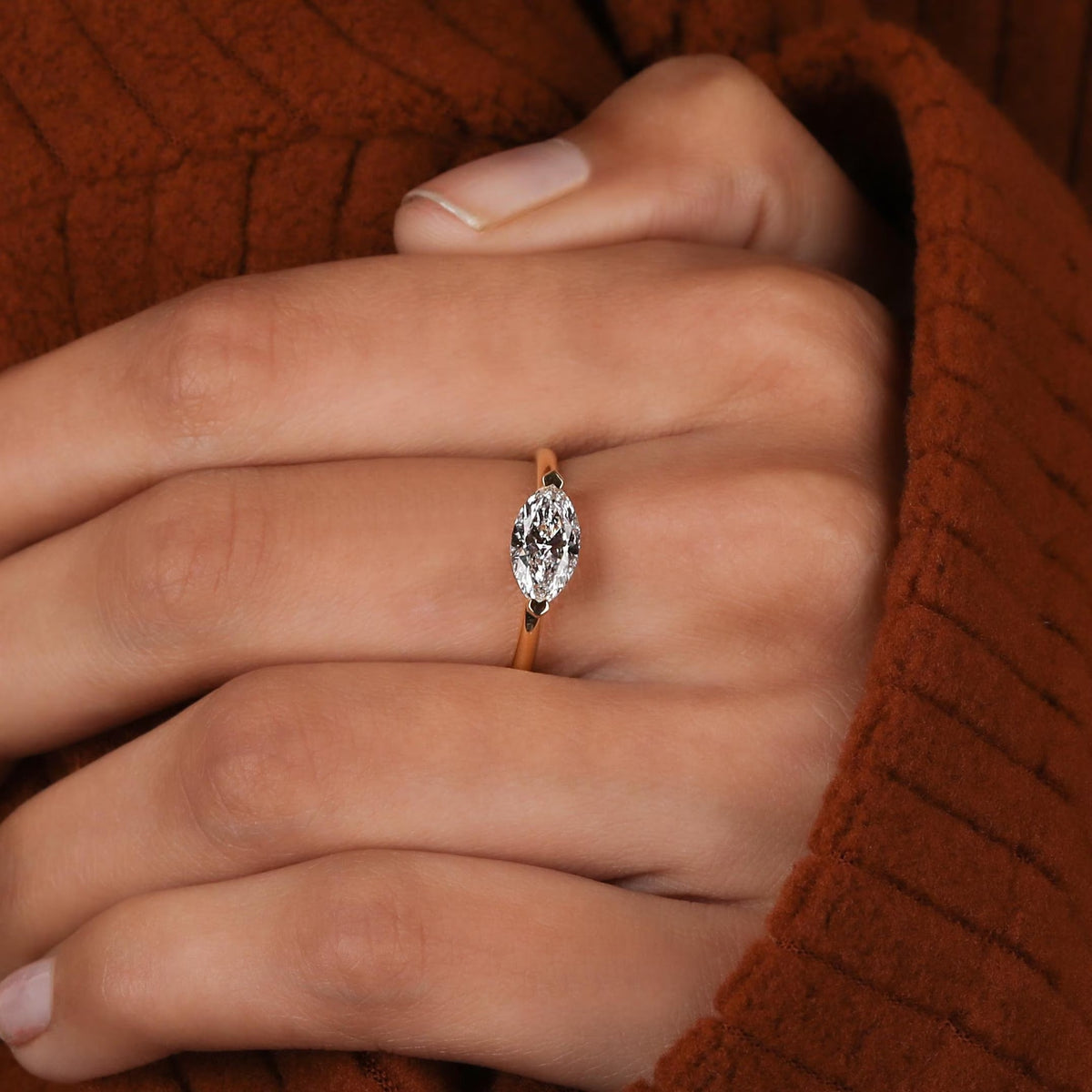 Marquise Lab Diamond Solitaire Ring_ Solid Gold East-west Setting Ring