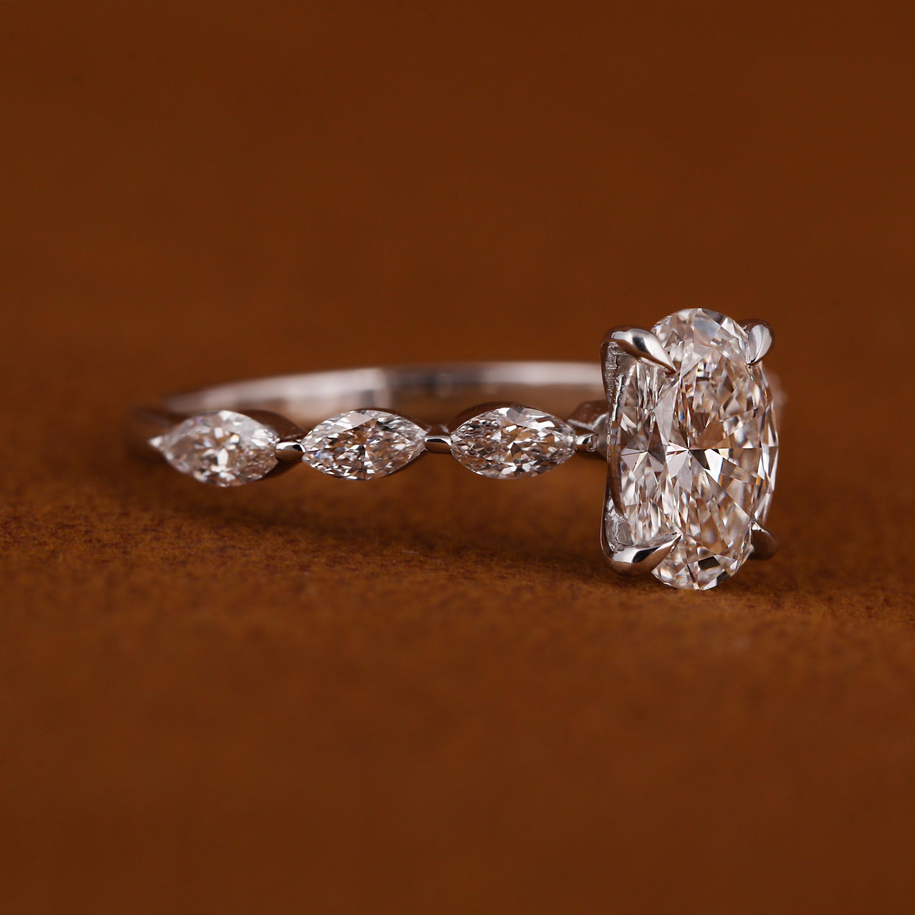 2.50 Carat Oval Certified  Lab Grown Diamond Engagement Side Stones Marquise Ring