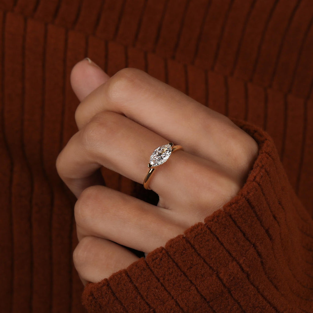 Marquise Lab Diamond Solitaire Ring_ Solid Gold East-west Setting Ring