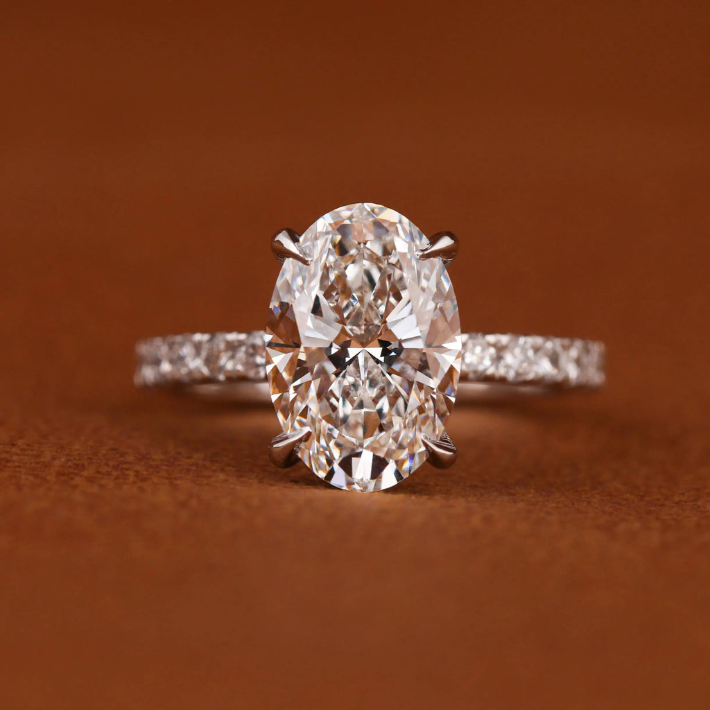 Certified Oval Lab Grown Diamond Engagement Ring: Hidden Halo Pave Band