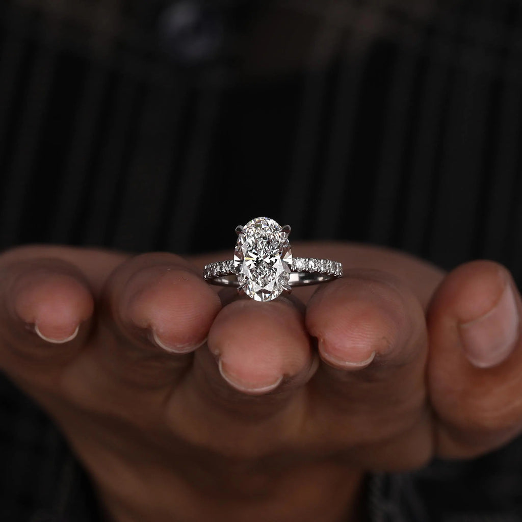 Certified Oval Lab Grown Diamond Engagement Ring: Hidden Halo Pave Band