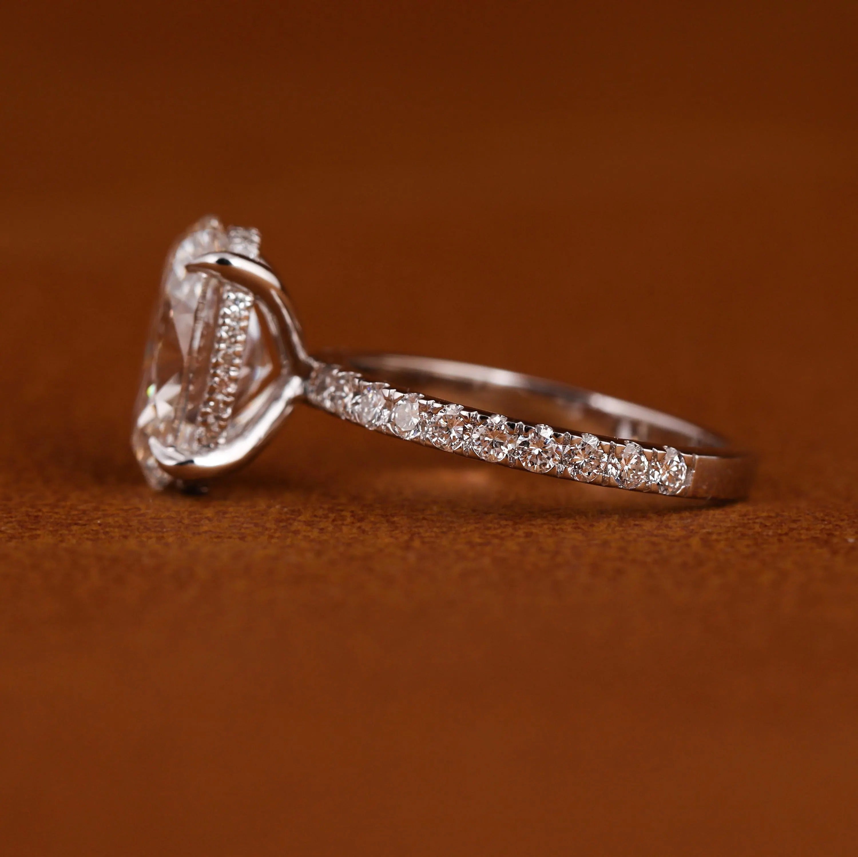 Certified Oval Lab Grown Diamond Engagement Ring: Hidden Halo Pave Band