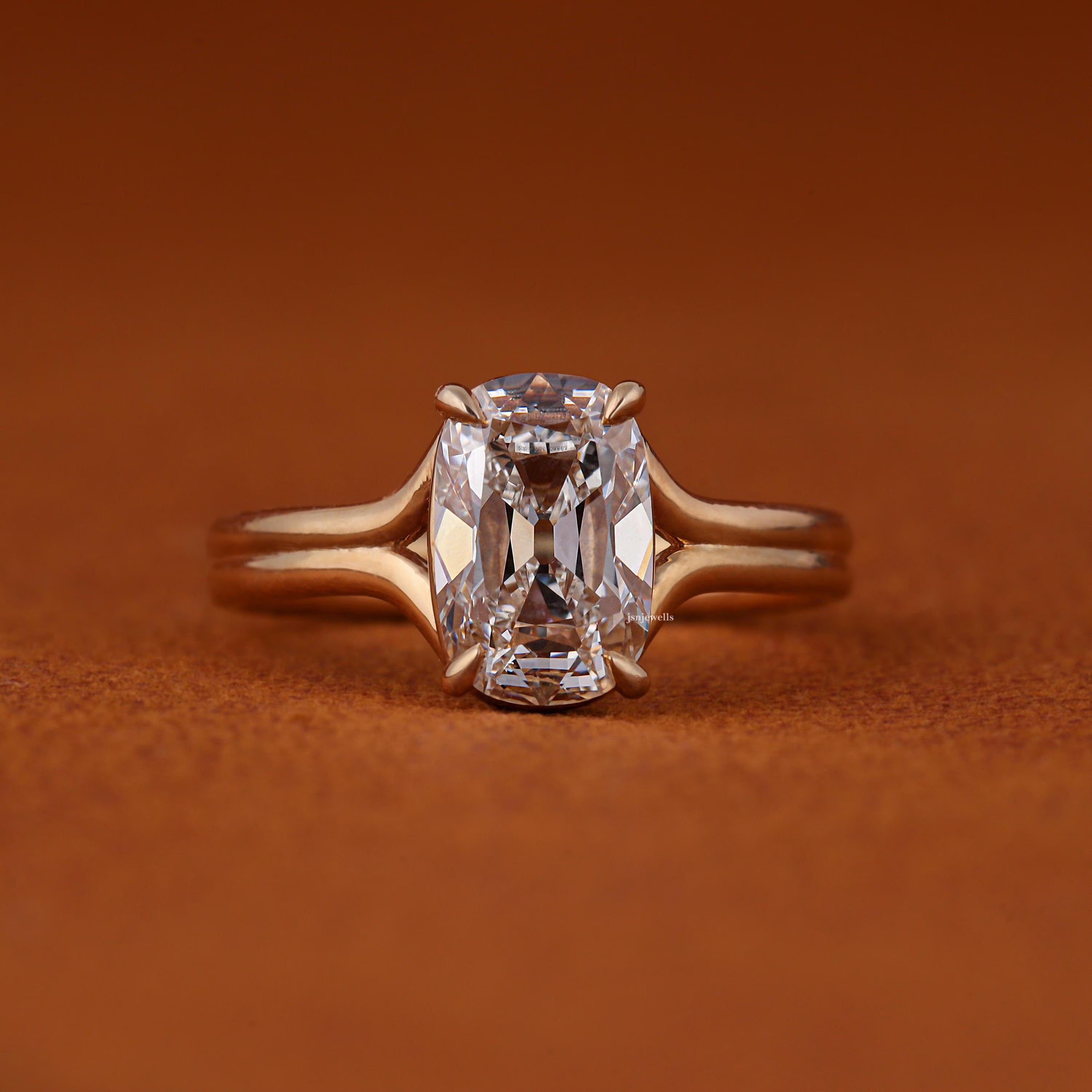 Floating Split Shank Old Mine Cut Elongated Cushion Lab Diamond Engagement Half Bezel Ring