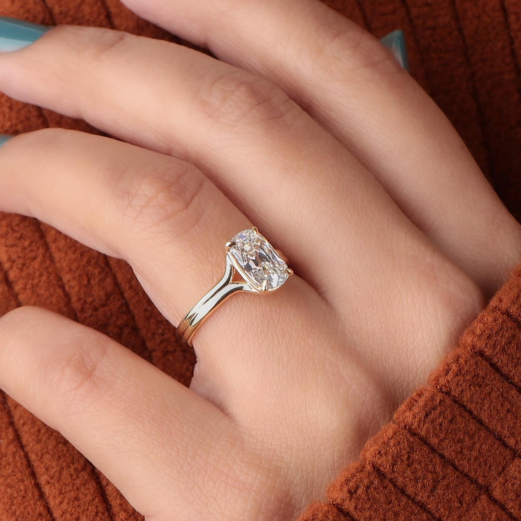 Floating Split Shank Old Mine Cut Elongated Cushion Lab Diamond Engagement Half Bezel Ring