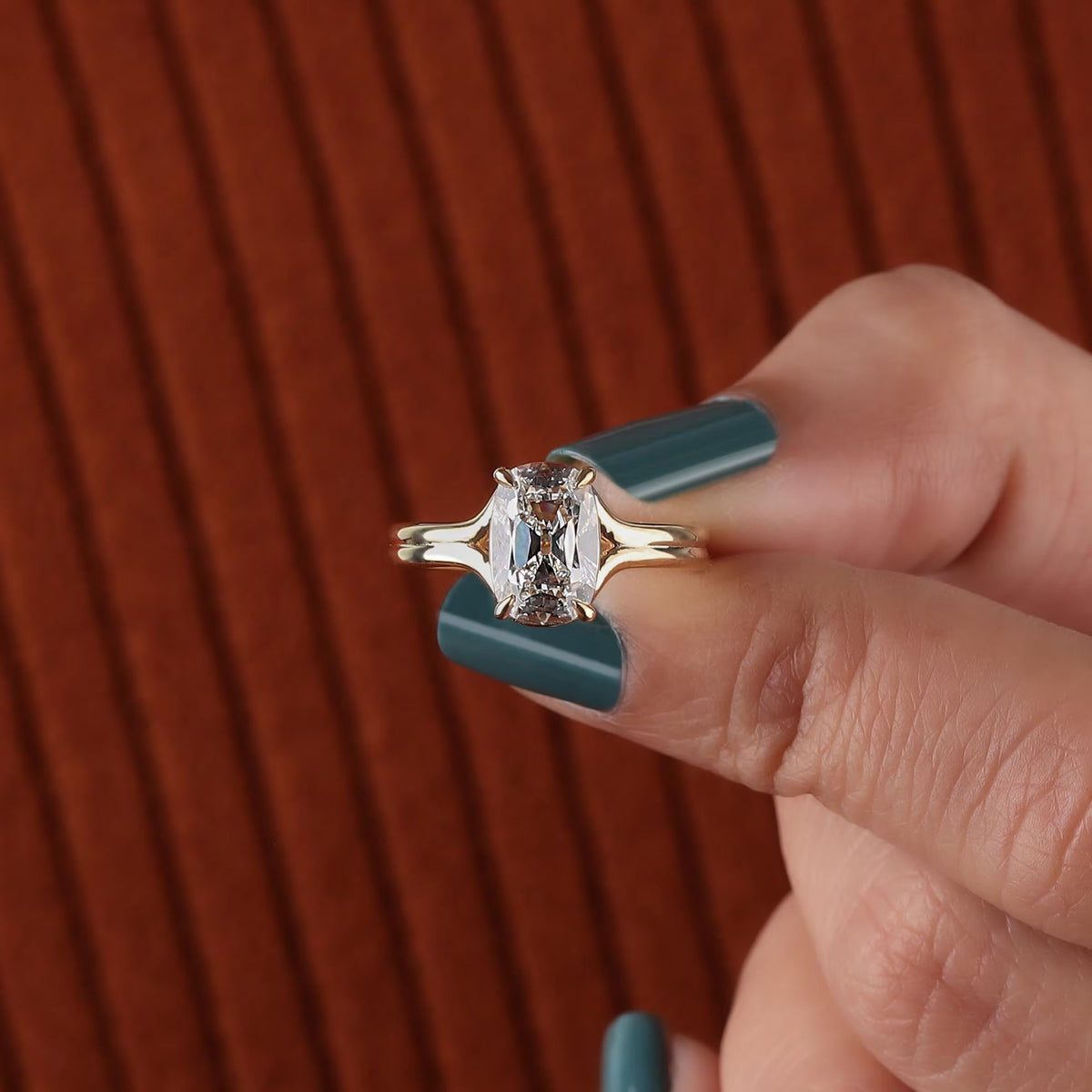 Floating Split Shank Old Mine Cut Elongated Cushion Lab Diamond Engagement Half Bezel Ring