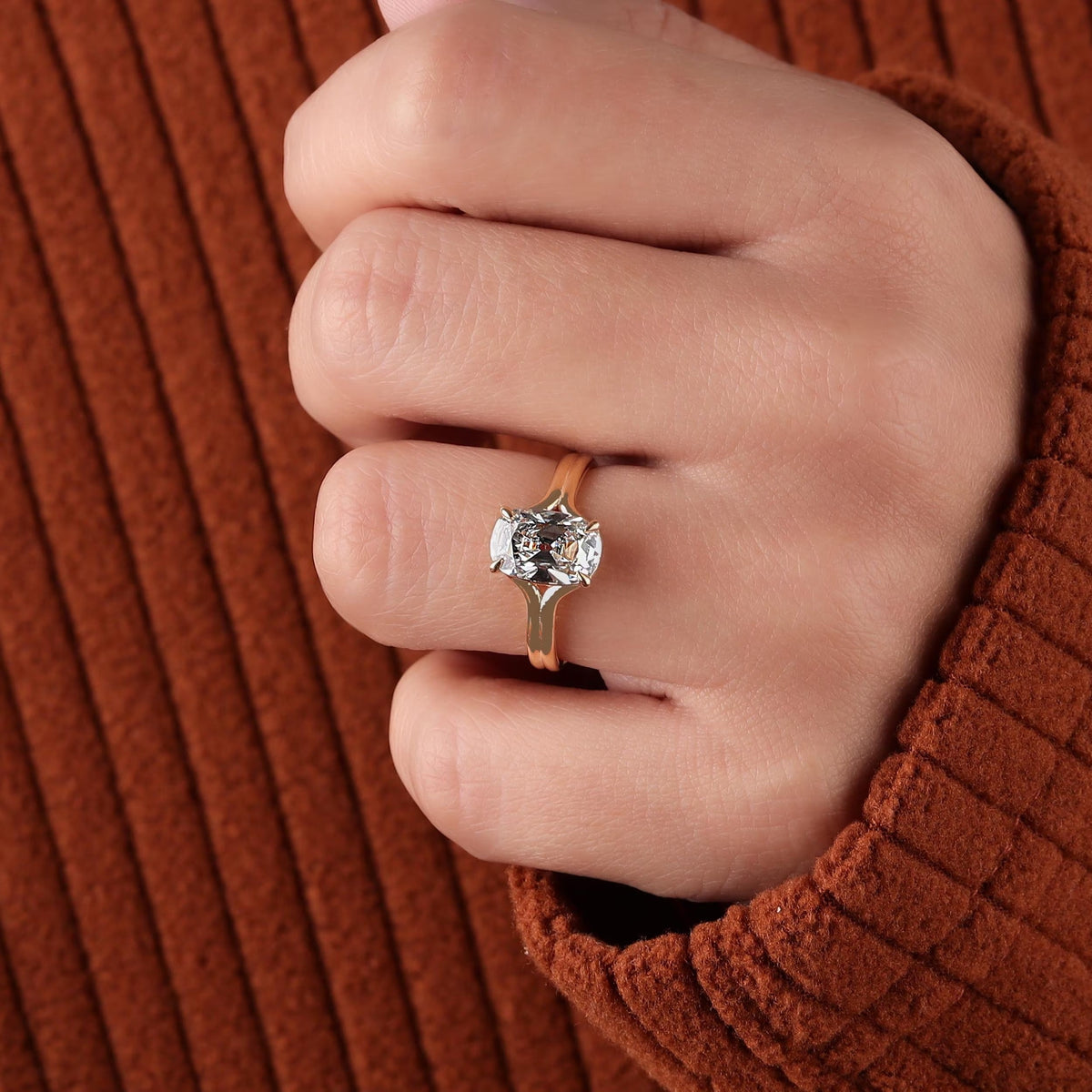 Floating Split Shank Old Mine Cut Elongated Cushion Lab Diamond Engagement Half Bezel Ring