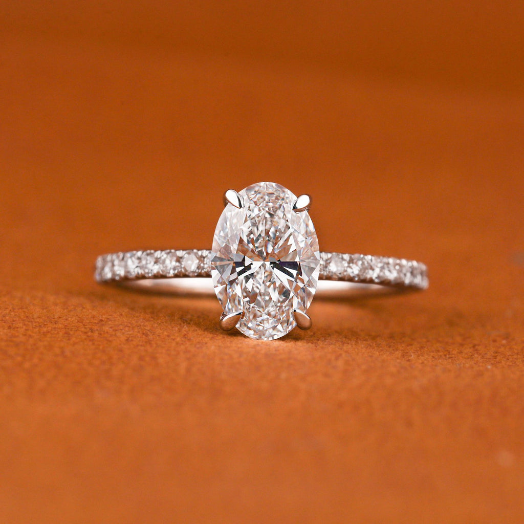 1.5 CTW Oval Lab Grown Diamond Engagement Ring: Solid Gold Pave Band