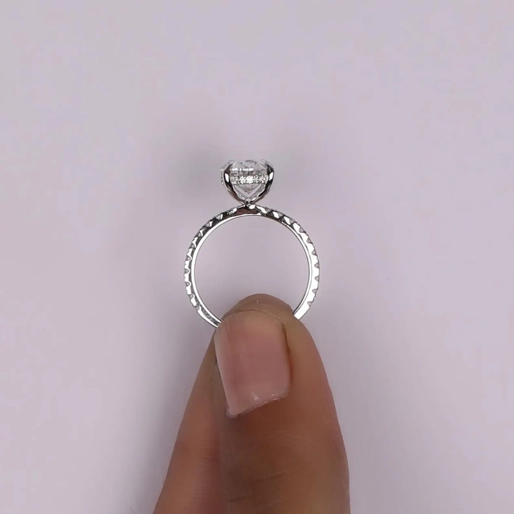 Certified Oval Lab Grown Diamond Engagement Ring: Hidden Halo Pave Band