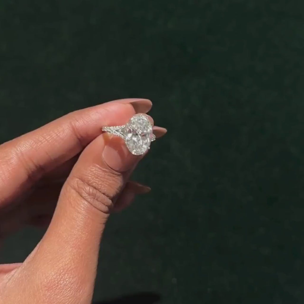 Certified Lab Grown Oval Diamond Engagement Ring: Split Shank Pave Band